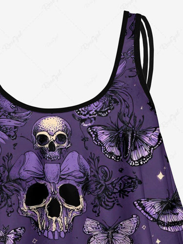 Gothic Skull Butterfly Bowknot Print Peplum Hem Tankini Top