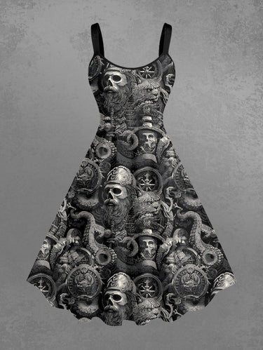 Gothic Plus Size Skull Pirate Octopus Print Hawaii Cruise A Line Dress