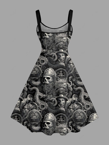 Gothic Plus Size Skull Pirate Octopus Print Hawaii Cruise A Line Dress