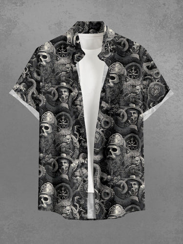 Gothic Plus Size Skull Pirate Octopus Print Hawaii Cruise Button Pocket Shirt For Men