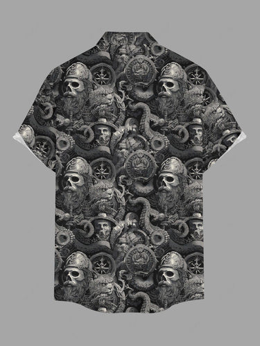 Gothic Plus Size Skull Pirate Octopus Print Hawaii Cruise Button Pocket Shirt For Men