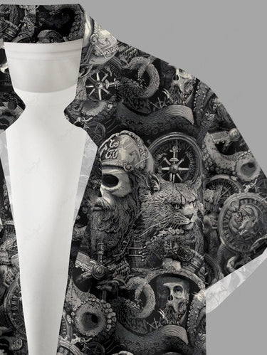 Gothic Plus Size Skull Pirate Octopus Print Hawaii Cruise Button Pocket Shirt For Men