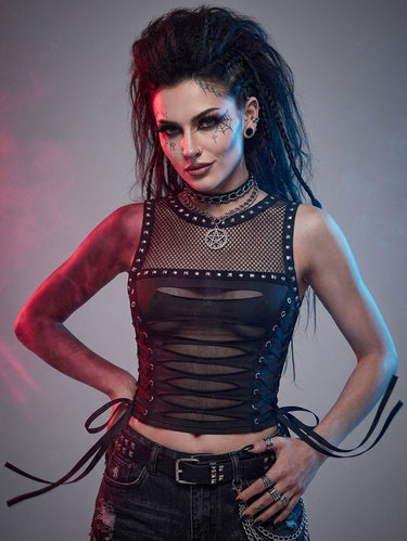Gothic Fishnet Panel Rivet Ripped Lace Up Women Top