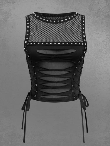 Gothic Fishnet Panel Rivet Ripped Lace Up Women Top