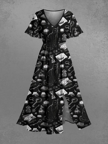 Gothic Plus Size Cat Hourglass Clock Book Print Split Pocket A Line Midi Dress