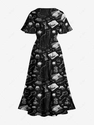 Gothic Plus Size Cat Hourglass Clock Book Print Split Pocket A Line Midi Dress