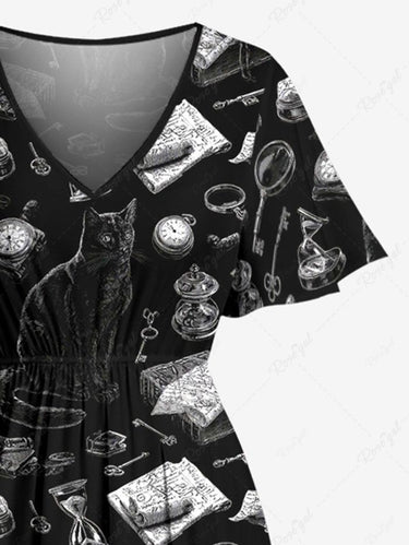 Gothic Plus Size Cat Hourglass Clock Book Print Split Pocket A Line Midi Dress