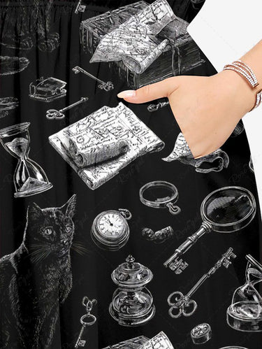 Gothic Plus Size Cat Hourglass Clock Book Print Split Pocket A Line Midi Dress