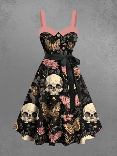 Gothic Plus Size Skull Butterfly Flower Print Button A Line Dress with Removable Belt