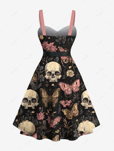 Gothic Plus Size Skull Butterfly Flower Print Button A Line Dress with Removable Belt