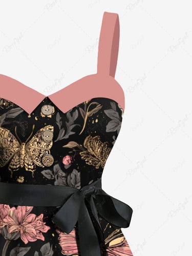 Gothic Plus Size Skull Butterfly Flower Print Button A Line Dress with Removable Belt