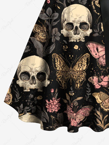 Gothic Plus Size Skull Butterfly Flower Print Button A Line Dress with Removable Belt