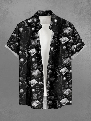 Gothic Plus Size Cat Hourglass Clock Book Print Button Pocket Shirt For Men