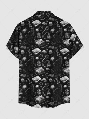 Gothic Plus Size Cat Hourglass Clock Book Print Button Pocket Shirt For Men