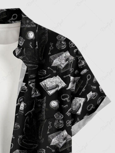 Gothic Plus Size Cat Hourglass Clock Book Print Button Pocket Shirt For Men