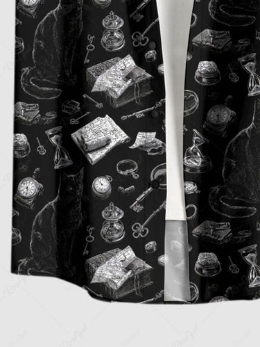 Gothic Plus Size Cat Hourglass Clock Book Print Button Pocket Shirt For Men