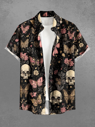 Gothic Plus Size Skull Butterfly Flower Print Button Pocket Shirt For Men
