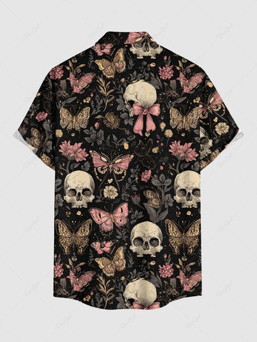 Gothic Plus Size Skull Butterfly Flower Print Button Pocket Shirt For Men