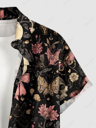 Gothic Plus Size Skull Butterfly Flower Print Button Pocket Shirt For Men