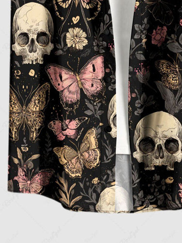 Gothic Plus Size Skull Butterfly Flower Print Button Pocket Shirt For Men