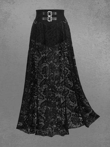 Gothic Flower Lace Overlay M-Slit Maxi Skirt