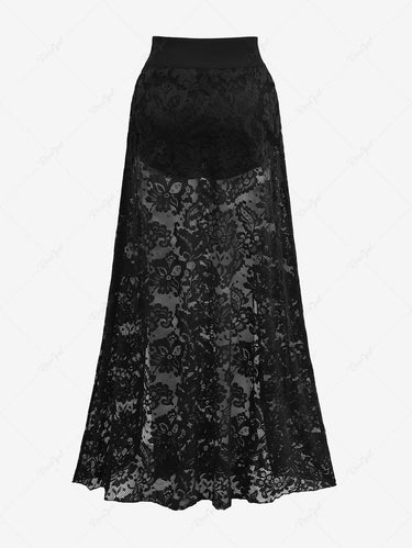 Gothic Flower Lace Overlay M-Slit Maxi Skirt