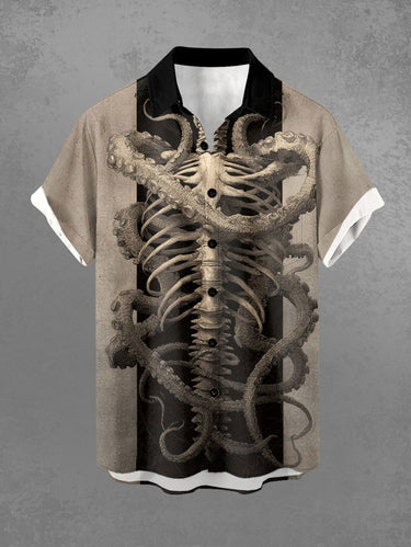 Gothic Plus Size Skeleton Octopus Print Button Pocket Shirt For Men