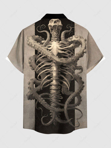 Gothic Plus Size Skeleton Octopus Print Button Pocket Shirt For Men
