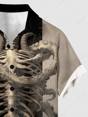 Gothic Plus Size Skeleton Octopus Print Button Pocket Shirt For Men