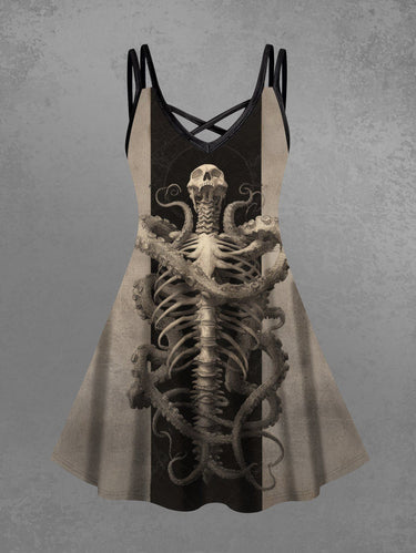 Gothic Plus Size Skeleton Octopus Print Crisscross Strappy A Line Cami Dress