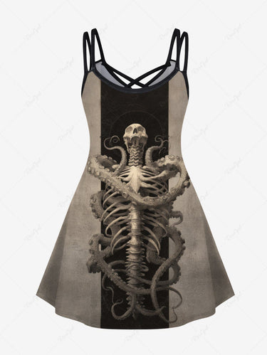 Gothic Plus Size Skeleton Octopus Print Crisscross Strappy A Line Cami Dress