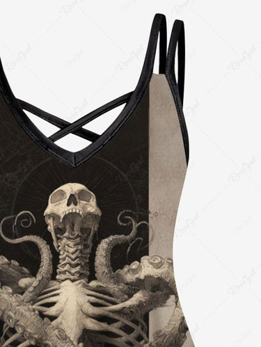 Gothic Plus Size Skeleton Octopus Print Crisscross Strappy A Line Cami Dress