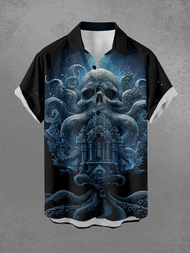 Gothic Plus Size Skull Octopus Palace Print Button Pocket Shirt For Men