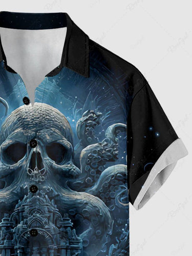 Gothic Plus Size Skull Octopus Palace Print Button Pocket Shirt For Men