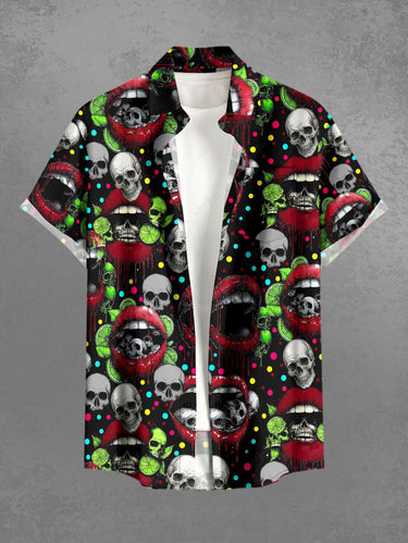 Gothic Plus Size Skull Lip Print Valentines Button Pocket Shirt For Men