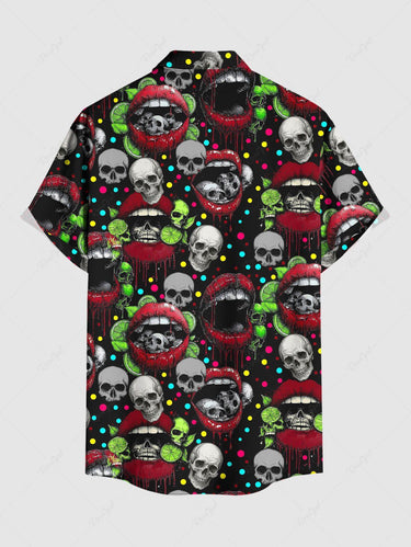 Gothic Plus Size Skull Lip Print Valentines Button Pocket Shirt For Men