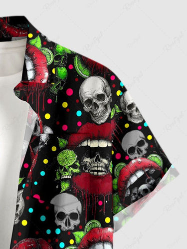 Gothic Plus Size Skull Lip Print Valentines Button Pocket Shirt For Men