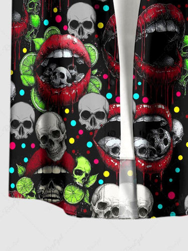 Gothic Plus Size Skull Lip Print Valentines Button Pocket Shirt For Men