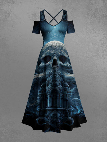 Gothic Plus Size Skull Octopus Palace Print Cold Shoulder Crisscross A Line Maxi Dress