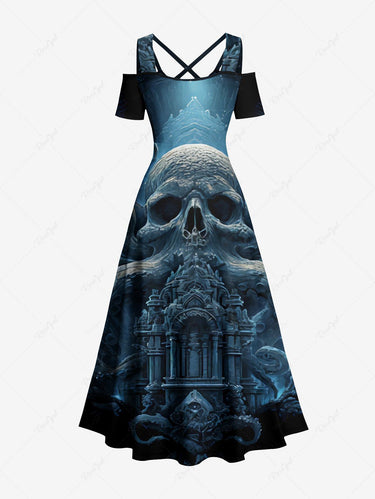 Gothic Plus Size Skull Octopus Palace Print Cold Shoulder Crisscross A Line Maxi Dress
