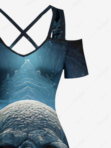 Gothic Plus Size Skull Octopus Palace Print Cold Shoulder Crisscross A Line Maxi Dress