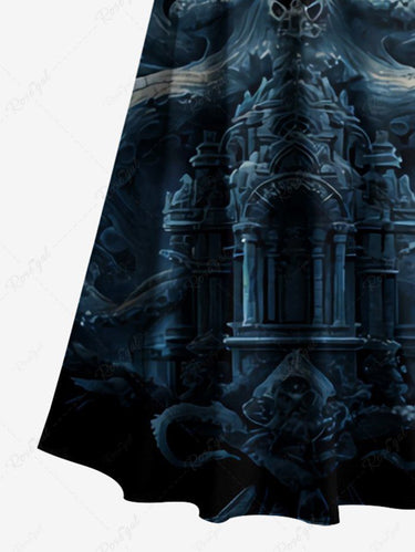 Gothic Plus Size Skull Octopus Palace Print Cold Shoulder Crisscross A Line Maxi Dress