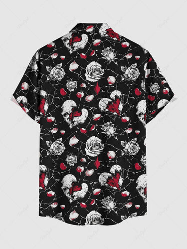 Gothic Plus Size Rose Flower Heart Print Valentines Button Pocket Shirt For Men