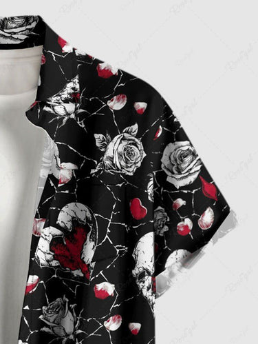 Gothic Plus Size Rose Flower Heart Print Valentines Button Pocket Shirt For Men