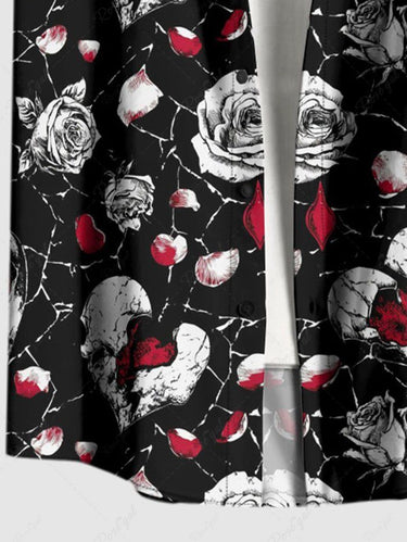 Gothic Plus Size Rose Flower Heart Print Valentines Button Pocket Shirt For Men