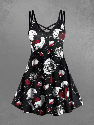 Gothic Plus Size Rose Flower Heart Print Valentines Crisscross Strappy A Line Cami Dress