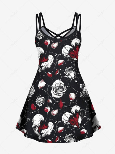 Gothic Plus Size Rose Flower Heart Print Valentines Crisscross Strappy A Line Cami Dress