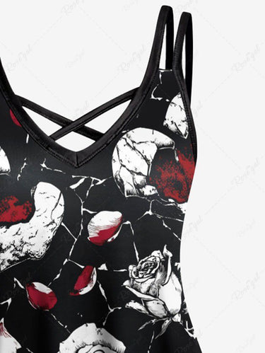 Gothic Plus Size Rose Flower Heart Print Valentines Crisscross Strappy A Line Cami Dress