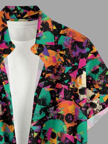 Gothic Plus Size Skull Geometric Colorblock Print Button Pocket Shirt For Men