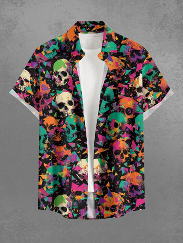 Gothic Plus Size Skull Geometric Colorblock Print Button Pocket Shirt For Men